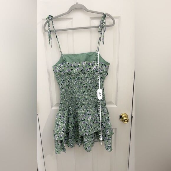 English Factory Floral Smocked Mini Dress Size Small Green Purple Tie Strap - Picture 7 of 7